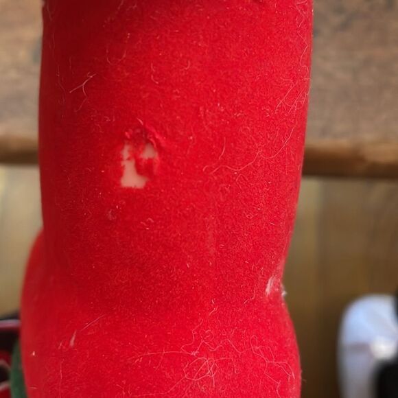 2 vintage red flocked Santa boot ornaments with bells - Picture 4 of 7